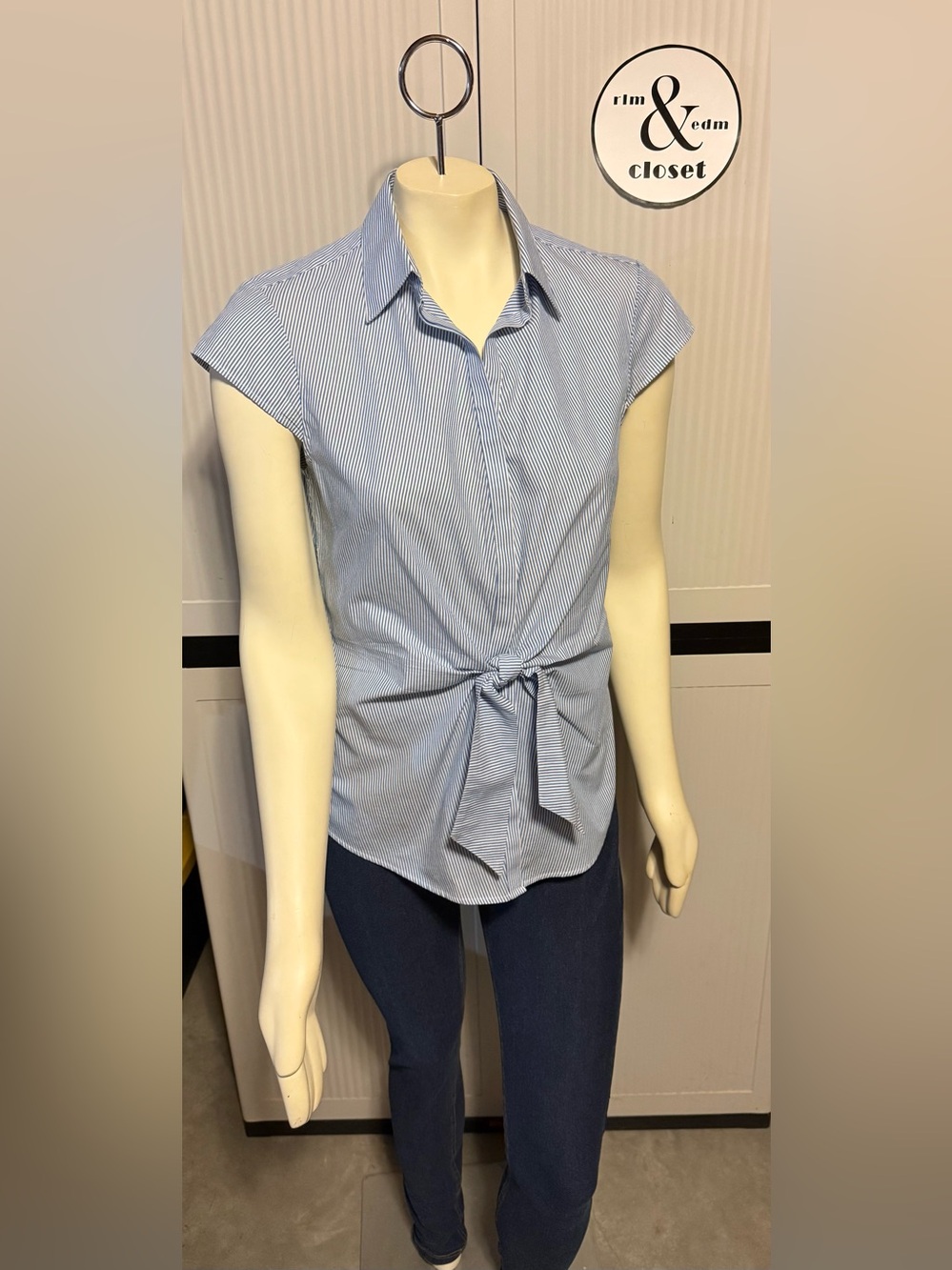 Brooks Brothers Light Blue Pinstripe Tie-Front Cap Sleeve Shirt -Light & Breezy!